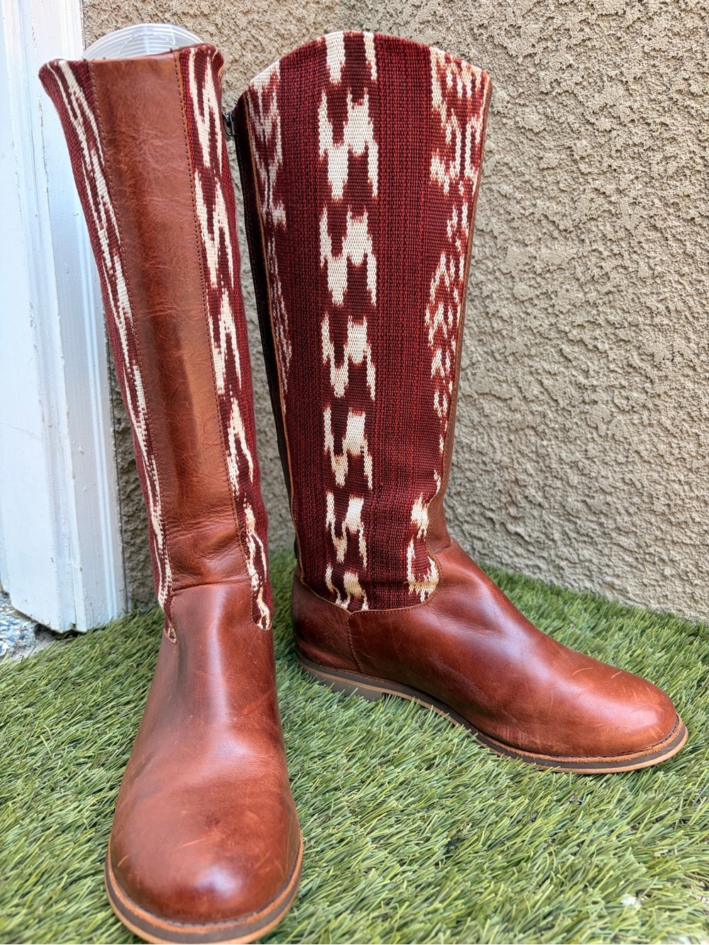 Reef Brown Leather Tall Boots with Red & Cream Woven Shaft